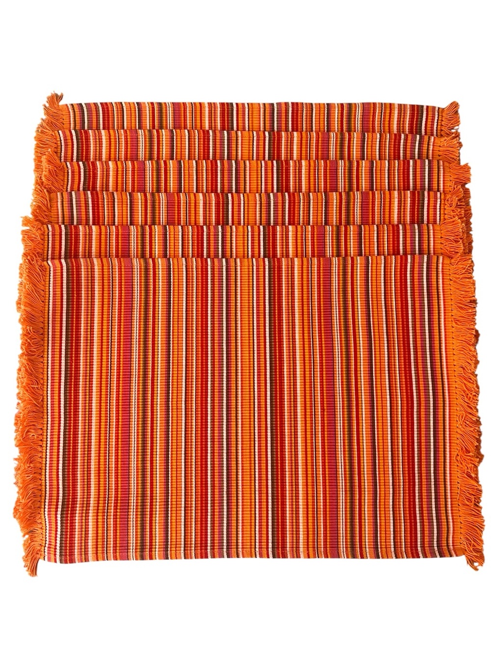 Crate & Barrel Set 6 Jamaica Ribbed Cotton Placemats Orange Striped Fringe